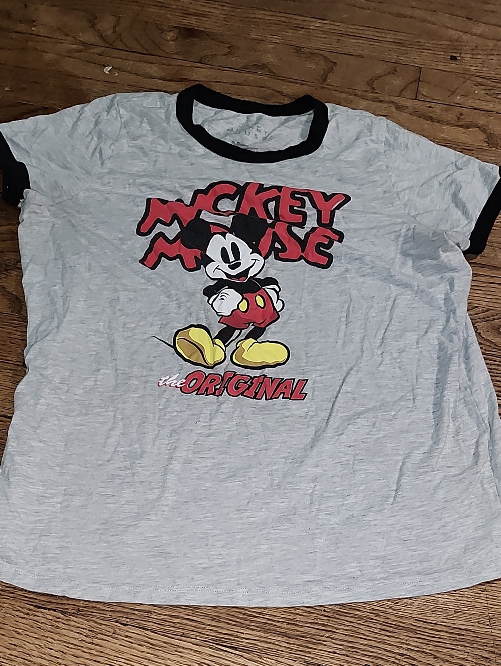 Disney Grey Mickey Mouse Graphic Tee with Black Trim and Red Accents